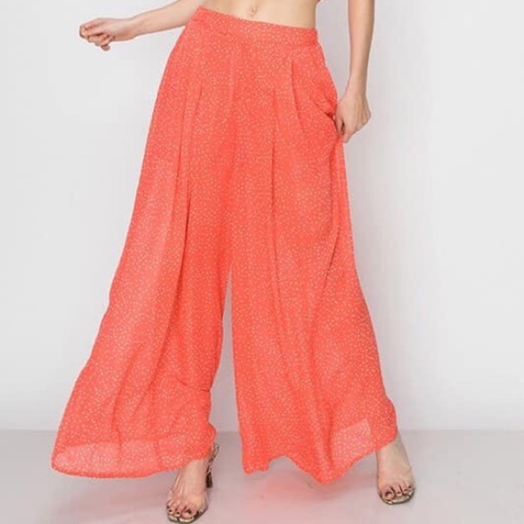 Coral Polka Dot 2pc Crop Top Wide Leg Pants - Picture 2 of 2